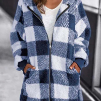 2023 Autumn Winter Plaid Faux Fur Coat Women Teddy Coat Hooded Jackets Female Furry Teddy Bear Plush Jacket Women