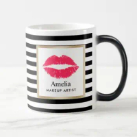 Stylish Black White Stripes M./akeup Artist Red Lips Coffee Mug Personalised Gold Frame Tea Cups Col