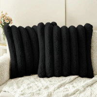 【HOT stock Pillowcase】 Black Double-Sided Plush Throw Pillow Covers 18x18 Fuzzy Striped Cozy Pillowc