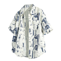Kemeja Lengan Pendek Feel Sutera Ais untuk Lelaki Trend Ins Musim Panas Feel Feel Bercetak Baju Leng