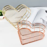 Desktop Storage Basket Multifunctional Metal Nordic Rose Gold *Heart Shape Table Cosmetics Organizer Space Saver Small Furniture