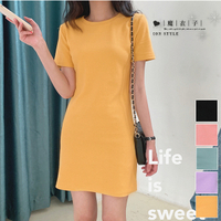 【QV3070】魔衣子-氣質純色圓領短袖連身裙