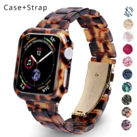 Resin Band for Apple Watch Series 9 8 7 41 45mm Cover Transparent Bracelet for iWatch 6 5 4 se 42mm 44 38 40mm Woman Case+Strap