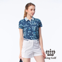 【KING GOLF】網路獨賣款-女款手繪圈圈線條印花金蔥刺繡LOGO涼感短袖POLO衫/高爾夫球衫(深藍)
