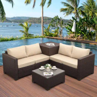 Furniture Set 4 Pieces Outdoor Brown Rattan Sectional Conversation Sofa Chair with Storage Box Table and Khaki Cushions