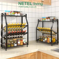 NETEL Kitchen Spice Rack Storage Cabinet Stainless Steel 3/ 4 Layer Bottle Shelf Kitchen Organizers Thickened Black Anti Rust