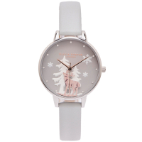 OLIVIA BURTON 鹿蹤雪地風皮革手錶(OB16AW02)-淺灰色面/34mm