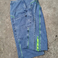 JNCO Hip Hop Pattern Retro Green Stripe Big Pocket Loose Jeans Gothic Wide Leg Pants Skateboard Pants Y2K Street Fashion