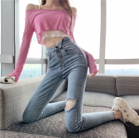 韓版高腰破洞牛仔褲女年秋季新款淺藍色排扣鉛筆小腳緊身褲潮