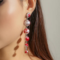 PuRui Punk Red Imitation Pearl Drop Earrings for Women Girls Bloody Beaded Long Pendant Earring Halloween Party Festival Jewelry