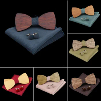 Classic Wooden Bowtie Handkerchief Cufflinks Set Men Super Soft Cotton Downy Suede Butterfly Party Wedding Novelty Ties Gift