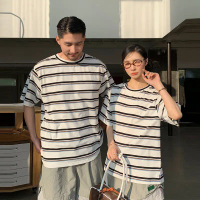 New family matching outfit: Japanese-style striped T-shirts for a family of three; short-sleeve tops