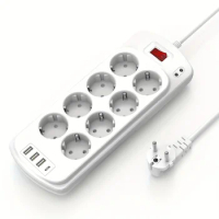 Power Strip Surge Protector 8 Sockets 3Usb Type-c 2500w 10A Lightning Protection Wall Mounted Switch Suitable For Home Office 2m