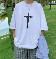 FINDSENSE X 韓潮 個性耶穌十字架圖案印花 男士 純棉 短袖T恤