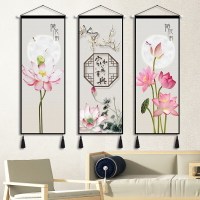 中國風布藝掛畫現代新中式荷花掛布三聯畫客廳沙發玄關背景墻掛毯