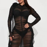 2023 Spring Black See Through Lace Open Sexy Club Young Tassel Style Pleated V-Neck Full Sleeve Women Skinny Pencil Dress