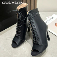 Boots Female NEW Spring Summer Thin Heel Hollow Dance Shoes Women's Lace up Jazz Dance High Heels 35-43 Size Large Shoes