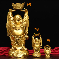黃銅純銅彌勒佛手舉元寶像擺件大號招財笑佛頂天佛站像彌勒佛