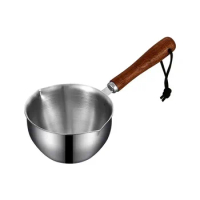 Hot Oil Pan Sauce Pan Wood Handle Melting Pot Stainless Steel Small Pot with Spout Sauce Pot Pour Oil Small Wok with Handle