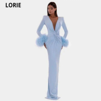 LORIE Satin Sky Blue Mermaid Evening Dresses Vestidos De Fiesta Long Sleeves V-neck Feathers Beaded Formal Gowns Evening Gowns