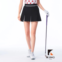 【KING GOLF】實體同步款-女款內層雙色百摺拼接素面修身A LINE短裙/高爾夫球裙(黑色)