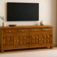 Bufet TV Model Diamond Kayu Jati Disain Minimalis dengan 4 Pintu dan 4 Laci Warna Walnut Brown Natur