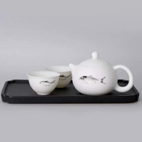 【齊白石魚樂圖茶具套裝-1壺2杯1台-1款/組】湘博館白瓷茶具禮盒中國風文創送禮-90304