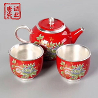 景德鎮青花瓷純銀茶具套裝家用鎏銀功夫茶具套裝家用鑲銀茶壺茶杯