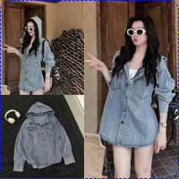Áo sơ mi bò dáng dài có mũ, áo dài tay chất jeans nữ form rộng phối túi màu xanh mã SM02COD VN