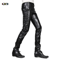Idopy New Mens Skinny Faux Leather Pants Personlity Steampunk Black Slim Fit Biker Leather Pants Gothic Trousers For Men