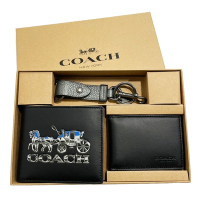 COACH 男款8卡短夾附鑰匙圈活動證件夾禮盒(大馬車黑)