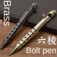 Brass Pen Handmade Machine Gun Pulling Pen Multifunctional Hexagonal Signature Pen Tactical Pen, Self-defense Ballpoint Pen