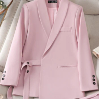 Yitimuceng Prink Black Blazer for Women Autumn Winter 2023 New Long Sleeve Casual Bandage Jacket Elegant Office Ladies Coats