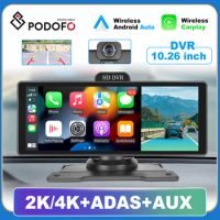 Podofo 10.26" 2K/4K ADAS Carplay Monitor Android Auto Car DVR WiFi GPS Suppport Rear Camera Dashboard Video Recorder
