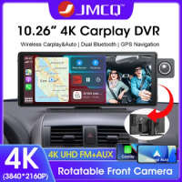 JMCQ 4K Dashcam Car DVR Mirror Video Player Wireless Carplay Android Auto Dual Lens Rear Camera Adjustable Front Cam Recorder