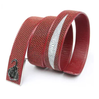 Authentic Real Stingray Leather Needle Buckle Men's Casual Waist Strap High-end Thailand Genuine Skate Skin Male Unique Red Belt