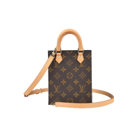 【Louis Vuitton 路易威登】LV Petit Sac Plat Monogram塗層帆布手提斜背托特包(迷你x深褐)