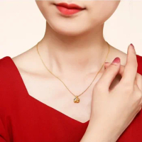 Womens 999 Pure Gold 24K Gold Auspicious Ruyi Enamel Pendant Necklace Taiping Elephant Clavicle Pure Gold Chain Neck Ornament