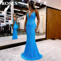 ROSES Blue Spaghetti Strap Evening Dress Gowns V Neck Mermaid Sexy Prom Dress Gowns Beading Party Dress Gowns Celebrity Dress