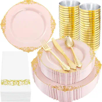 350PCS Pink and Gold Plastic Plates Pink Plastic Dinnerware Sets for 50 Guests 100 Pink Disposable Plates 150 Gold