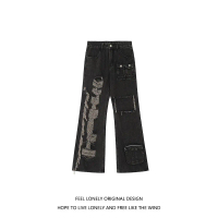 Jeans Bermasalah Retro Amerika,  Jalan Tinggi, Jenama Trendi, Berbilang Poket,  Lurus, Gaya Vibe,  P