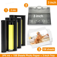 3 Ink Cartridge 108 Sheets Photo Paper 3 inch Compatible Canon Selphy CP1300 CP1500 CP1200 CP1000 CP910 KC108IN Card Size Paper