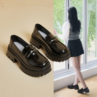 厚底樂福鞋女真皮春秋2023新款粗跟黑色小皮鞋漆皮秋冬英倫風單鞋