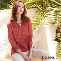 LUNG.L林佳樺 橘色印花楊柳布領壓摺A-line上衣LQ29A