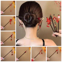 Tassel Wooden Hair Stick Retro New Year Red Hanfu Hairpin Flower Hair Fork for Women