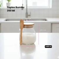 Toples Bumbu 350ml & 600ml Tobu Tempat Bumbu Aesthetic Kaca Tutup Kayu Sendok Wadah Bumbu 1 Set 350 