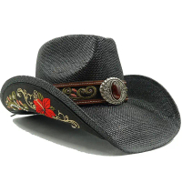 Gaya barat topi jerami untuk lelaki wanita Summer Beach Sun Hat Vintage Curled Edge Cowgirl Jazz Hat