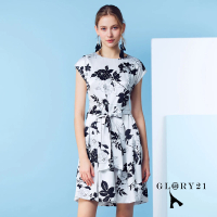 【GLORY21】速達-網路獨賣款-黑白花卉拓印綁帶洋裝(白色)