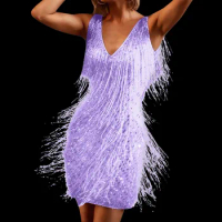 Womens Mini Dress Flapper Fringe Dress Vintage Dance Dress V Neck Roaring Fancy Sequin Dress Sleeveless Costume Gown Dress 원피스