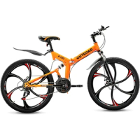 26 Inch Folding Mountain Bike, 21 Speed Full Suspension High-Carbon Steel MTB Foldable Bicycle, Dual Disc Brake Non-Slip